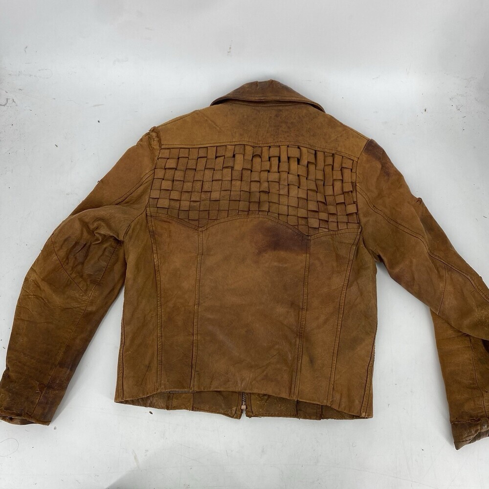 Vintage 70's Bermans Leather Experts Basketweave Brown Leather Jacket Size 38 - Picture 9 of 15